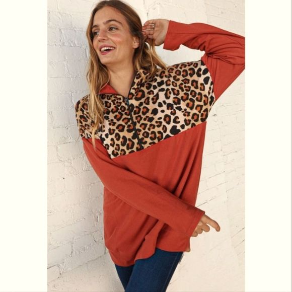 Rust Animal Print Color Block Zip Top - Picture 2 of 3